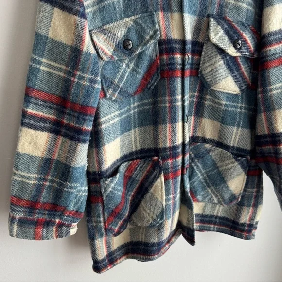 Vintage 60s 70s Caribou Coat Plaid Wool Jacket Shacket Button Up Mens M Womens L - Picture 7 of 14